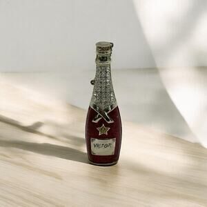 Vintage Wine Bottle Trinket Box Burgundy Enamel White Crystals "Victor"
